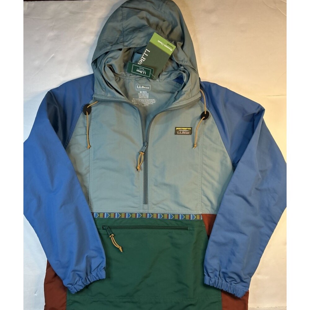 LL Bean Jacket Men's Medium Colorblock Aztec Hooded Pullover Anorak Windbreaker